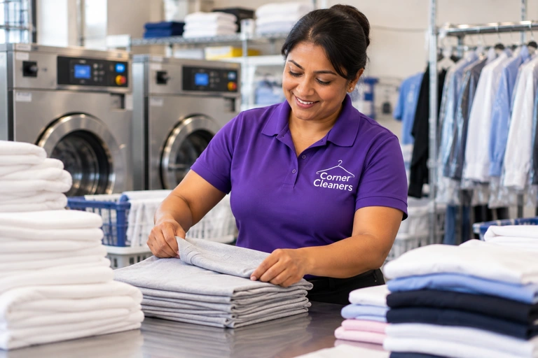Staff member folding laundry at a counter with washers behind