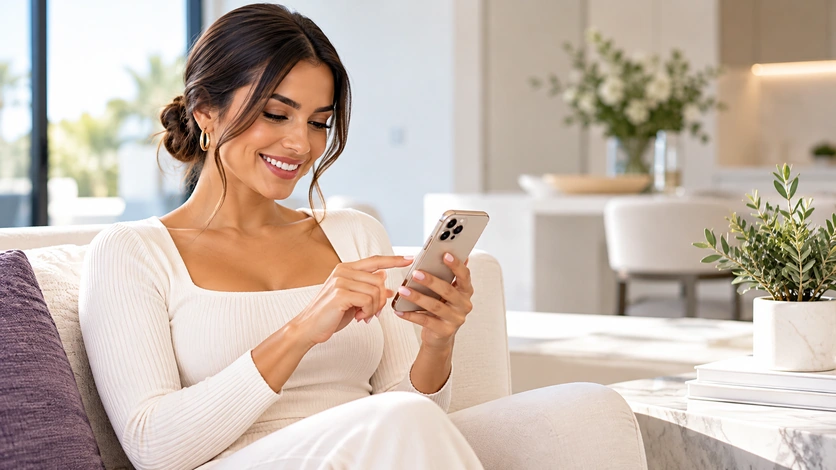 Woman scheduling a laundry pickup on her phone