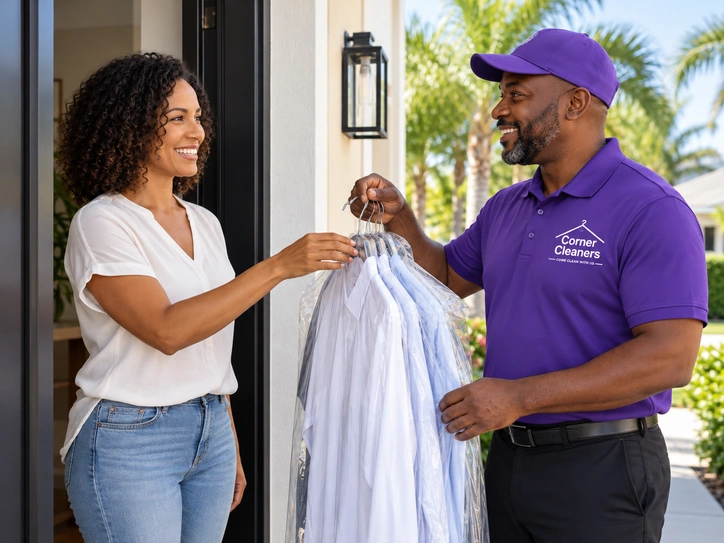 Driver handing cleaned garments to a customer at her front door
