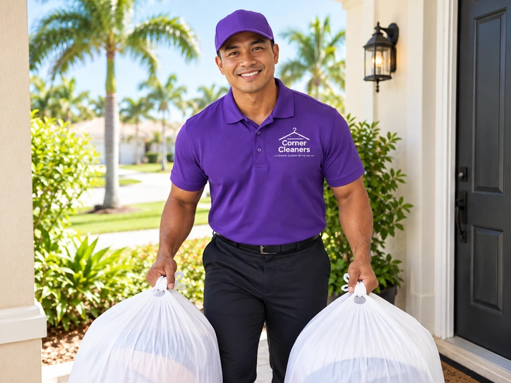 Driver collecting two laundry bags at a porch